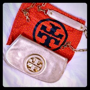 Pink Gold Tory Burch Leather Reva Crossbody Clutch
